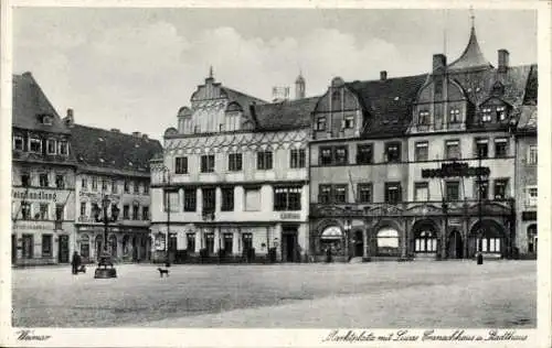 Ak Weimar in Thüringen, Marktplatz mit Lucas Cranach Haus und Stadthaus, Weinhandlung Otto Schrickel