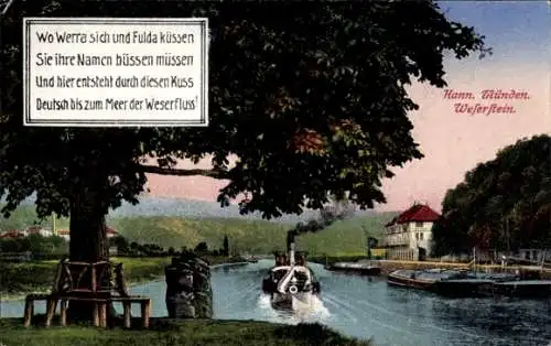 Ak Hann. Münden in Niedersachsen, Landschaftsbild mit Wasserweg, Bäume, Dampfboot, Gedicht übe...