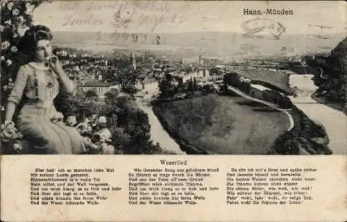 Ak Hann. Münden in Niedersachsen, Frau mit Laute, Weserfluss, poetischer Text