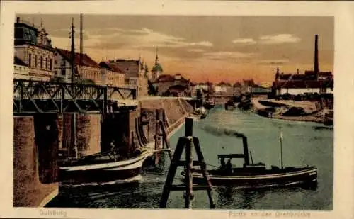 Ak Ruhrort Duisburg im Ruhrgebiet, Drehbrücke, Fluss, Boote, historische Architektur