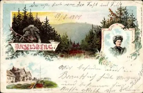 Litho Brotterode in Thüringen, Inselsberg, Frau in Tracht, Preußischer Gasthof, Auerhuhn