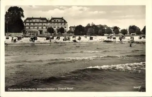 Ak Ostseebad Scharbeutz in Holstein,  Wilhelminenbad, Strand Hotel, Strand mit Booten