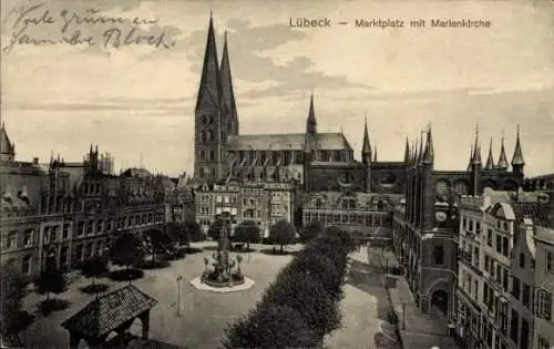 Ak Hansestadt Lübeck,  Marktplatz, Marienkirche, historische Gebäude, Brunnen