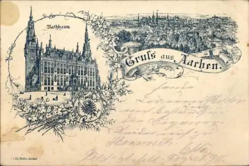 Ak Aachen, Rathaus, Gruß aus  Zeichnung, historische Architektur