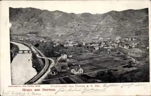 Ak Dernau an der Ahr, Landschaftsansicht, Fluss, Häuser, Brücke, Berge im Hintergrund