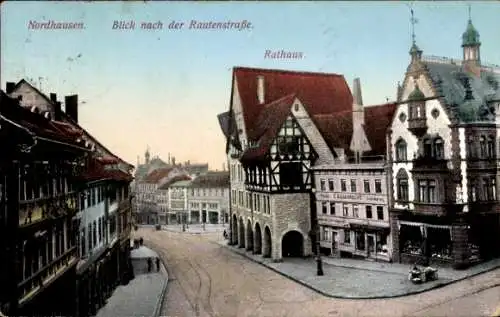 Ak Nordhausen am Harz, Blick auf die Rautenstraße, Rathaus, historische Architektur