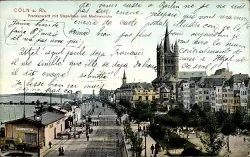 Ak Köln am Rhein, Frankenwerft, Stapelhaus, Martinskirche, Blick auf die Rheinpromenade