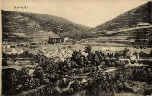Ak Marienthal Geisenheim am Rhein Hessen, Landschaft mit Weinbergen, Fluss und Gebäuden