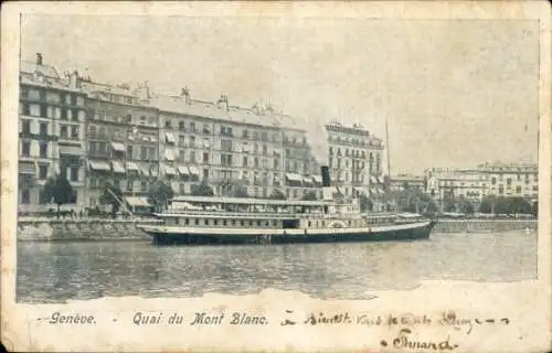 Ak Genève Genf Schweiz, Schiff auf dem Wasser, Quai du Mont Blanc, historische Stadtansicht