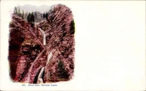 Ak Cheyenne Wyoming USA, Siebenfälle,  Wasserfälle, Berge, Wald