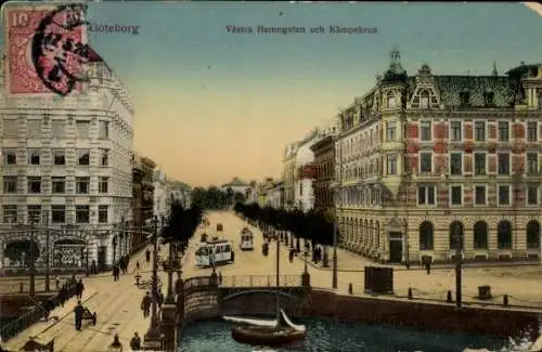 Ak Göteborg Schweden, Västra Hamngatan, Kämpebron, historische Gebäude, Straßenansicht