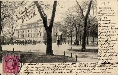 Ak Göteborg Schweden, Historisches Gebäude, Pferdewagen, Parkanlage, Postkarte, Oberer Teil de...