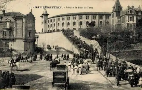 Ak Donostia San Sebastian Baskenland, Vorderseite:  Plaza de Toros, Menschenmengen, historisch...