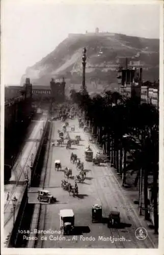 Ak Barcelona Katalonien Spanien, Schwarzwweißaufnahme, Boulevard mit Palmen, Pferde und Kutsch...