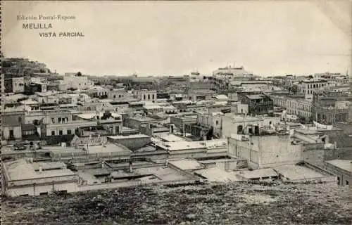 Ak Melilla Spanien, Schwarz-Weiß-Aussicht, Stadtansicht von  Teilansicht, Architektur