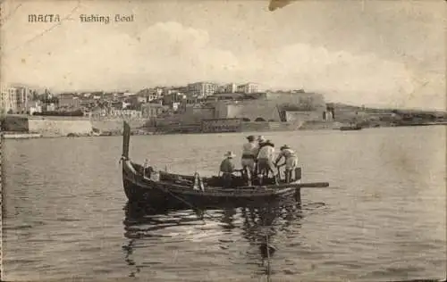 Ak Marsaxlokk Malta, Fischerboot, Hafen, Küstenstadt, schwarz-weiß, alte Ansicht