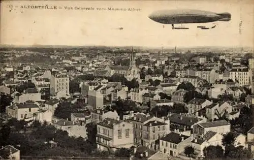 Ak Alfortville Val de Marne, Luftansicht von  Zeppelin, Häuser, Kirchen
