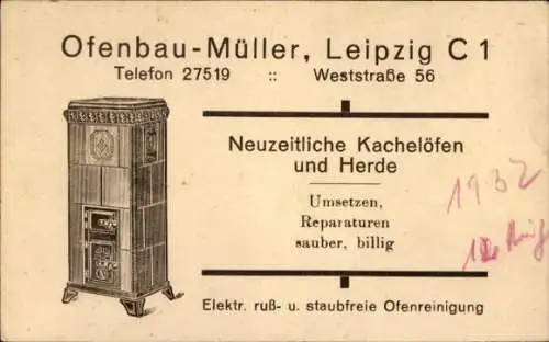 Ak Leipzig, Ofenbau-Müller, Kachelöfen, Herde, Reparaturen, 1932
