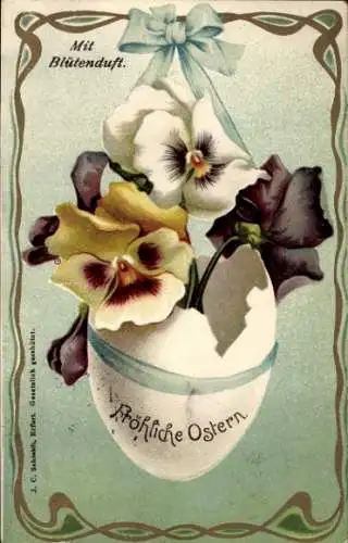 Jugendstil Präge Litho Glückwunsch Ostern, Osterei, Stiefmütterchen
