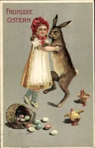 Ak Glückwunsch Ostern, Hase tanzt mit einem Mädchen, Küken, Eier