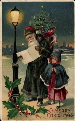 Präge Ak Glückwunsch Weihnachten, Weihnachtsmann liest einen Brief, Tannenbaum