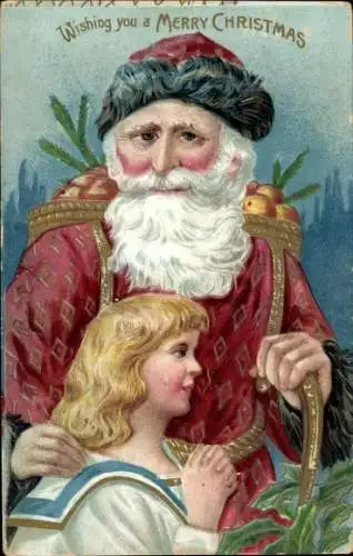 Präge Ak Glückwunsch Weihnachten, Weihnachtsmann mit Kind