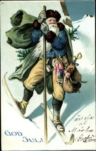 Präge Ak Frohe Weihnachten, Merry Christmas, Weihnachtsmann auf Skiern