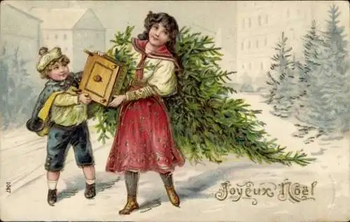 Präge Ak Glückwunsch Weihnachten, Kinder tragen Tannenbaum