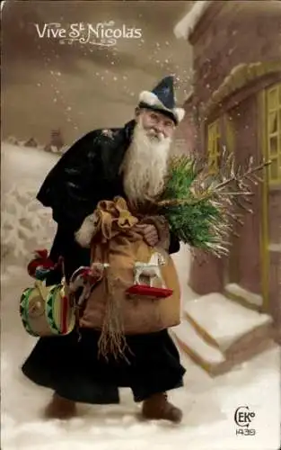 Ak Frohe Weihnachten, Weihnachtsmann mit Geschenken, Tannenbaum