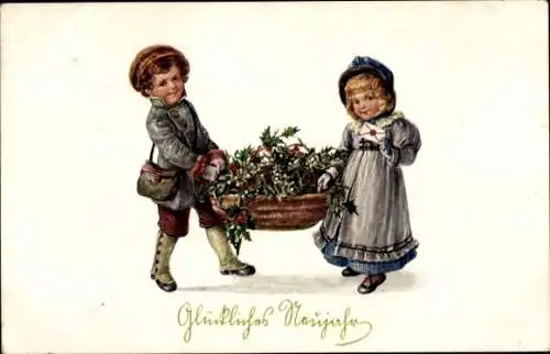 Ak Glückliches Neujahr, Kinder mit Blumenkorb