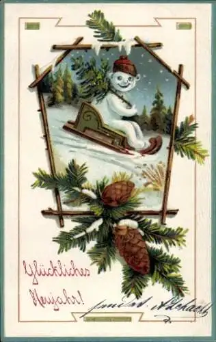 Ak Glückwunsch Neujahr, Schneemann, Schlitten