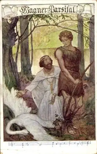 Künstler Ak Szene aus Wagners Parsifal, toter heiliger Schwan, Pfeil, Bogen, BKWI 205 5