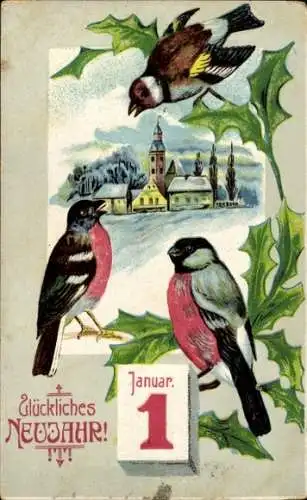 Ak Glückwunsch Neujahr, Dorfidyll, Vögel