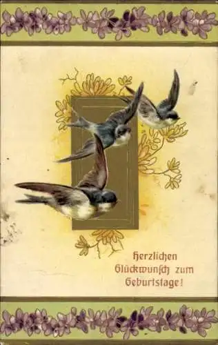 Präge Ak Glückwunsch Geburtstag, Blumen, Schwalben