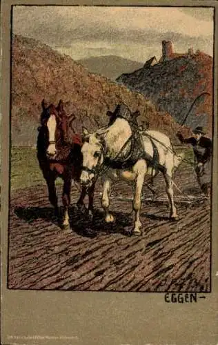 Künstler Litho Eggen, Bauer mit Pferdepflug auf dem Feld