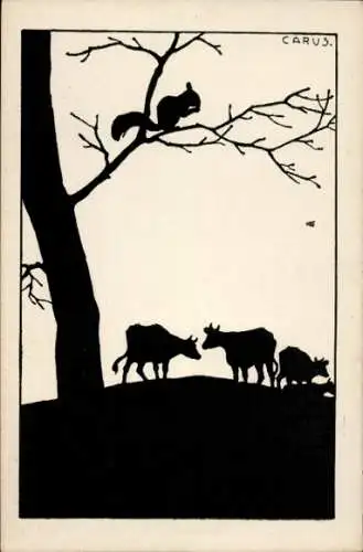 Scherenschnitt Künstler Ak Carus, Kühe, Eichhörnchen