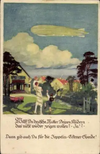 Künstler Ak Amtsberg, Otto, Deutsche Mutter zeigt Kindern Luftschiff, Zeppelin Eckener Spende