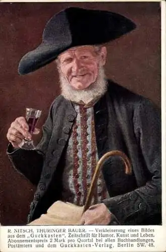 Künstler Ak Nitsch, R., Thüringer Bauer, Dreieckhut, Wein