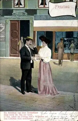 Ak Freitag, Liebespaar, Ein Briefchen von einer Damenhand