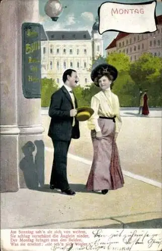 Ak Montag, Liebespaar, Am Sonntag sah'n sie sich von weitem