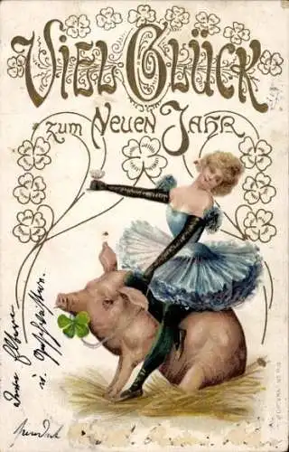 Litho Glückwunsch Neujahr, Frau sitzt auf einem Schwein, Kleeblätter
