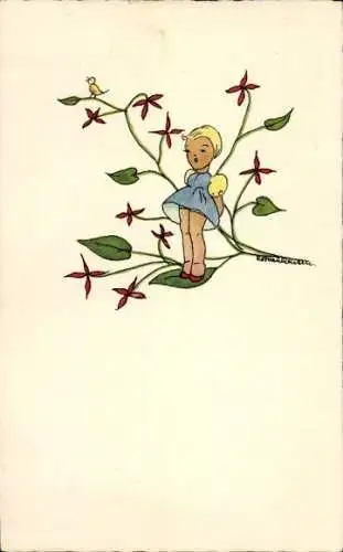 Künstler Ak Mädchen, Pflanze, Vogel