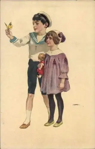 Künstler Ak Mädchen mit Puppe, Junge im Matrosenkostüm