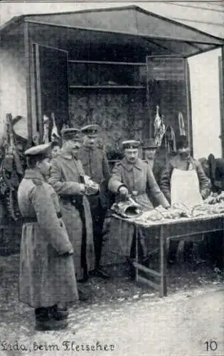 Ak Lida Weißrussland, Deutsche Soldaten beim Fleischer, I. WK