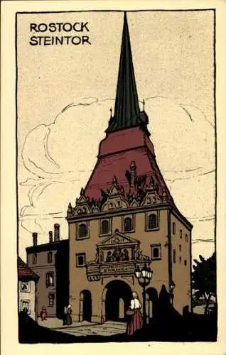 Steindruck Ak Rostock in Mecklenburg Vorpommern, Blick auf das Steintor