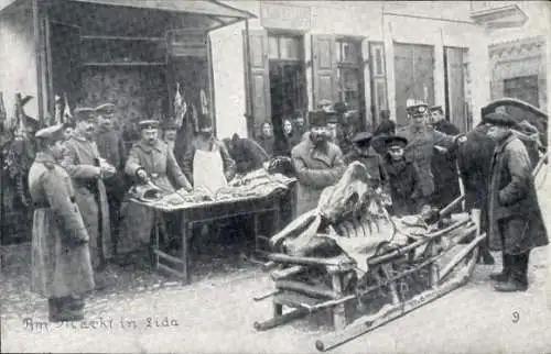 Ak Lida Weißrussland, Tierkadaver auf Schlitten, Fleischer