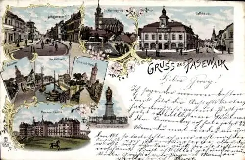 Litho Pasewalk in Mecklenburg Vorpommern, Uckerstraße, Bollwerk, Kürassier Kaserne, Denkmal