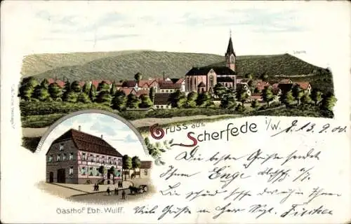 Litho Scherfede Warburg in Westfalen, Gesamtansicht, Gasthof Ebh. Wulff