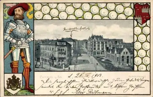 Präge Wappen Passepartout Ak Zwickau in Sachsen, Bahnhofstraße, Ritter