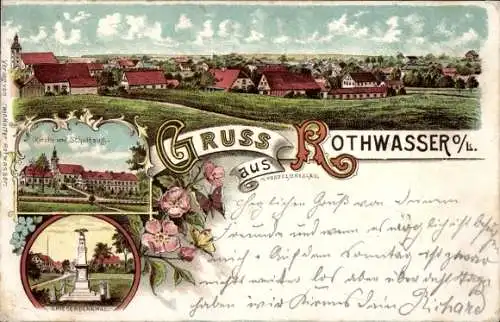 Litho Czerwona Woda Rothwasser Schlesien, Gesamtansicht, Kirche, Schule, Kriegerdenkmal